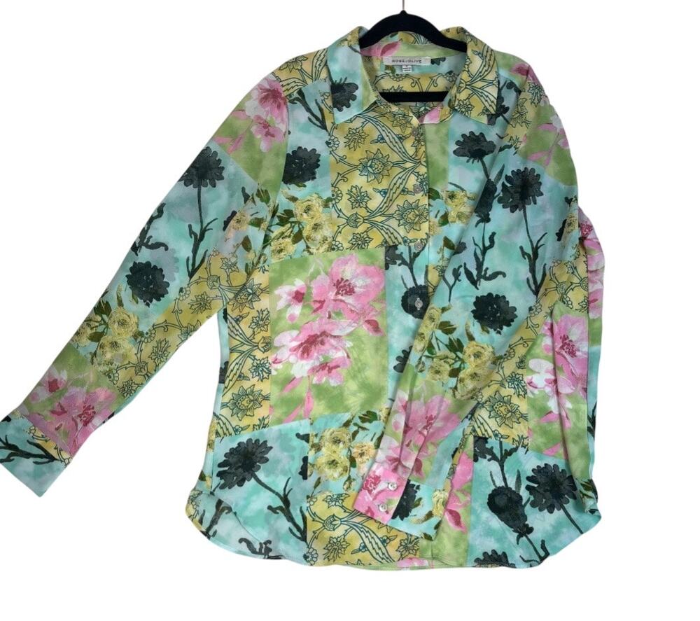 ROSE + OLIVE FLORAL LONG SLEEVE BUTTON-DOWN DRESS SHIRT SMALL